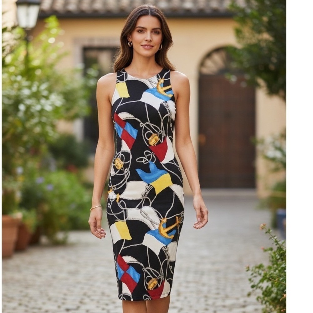 Lauren Ralph Lauren Nautical Flag Anchor Rope‎ Print Sheath Dress Black Medium